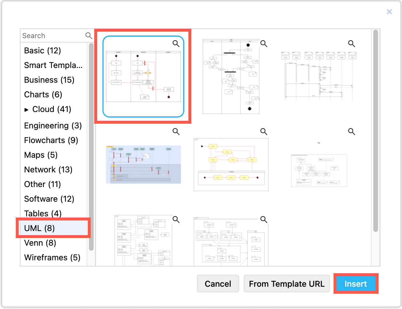 Insert an UML activity diagram template in draw.io from the template library