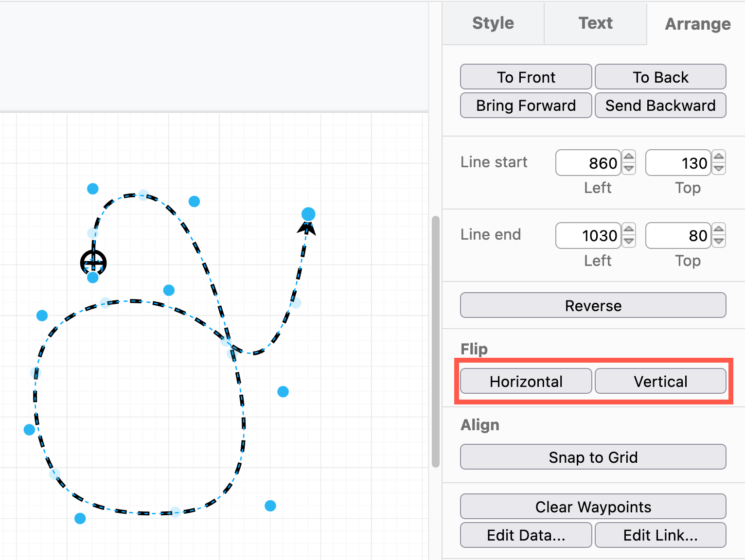 Flip a connector horizontally or vertically via the Arrange tab on the format panel