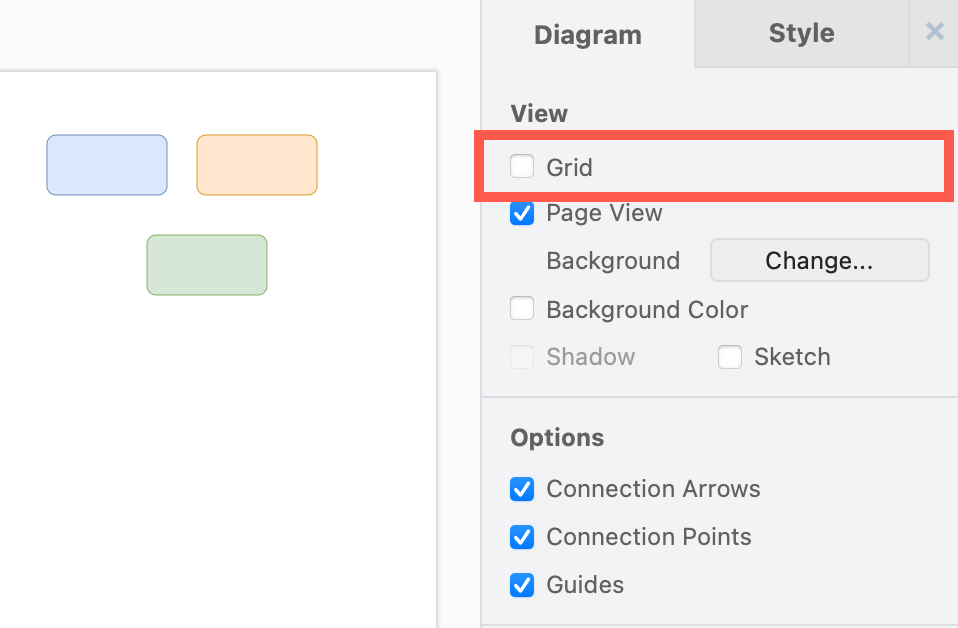 Disable the Grid via the Diagram tab in the format panel in draw.io