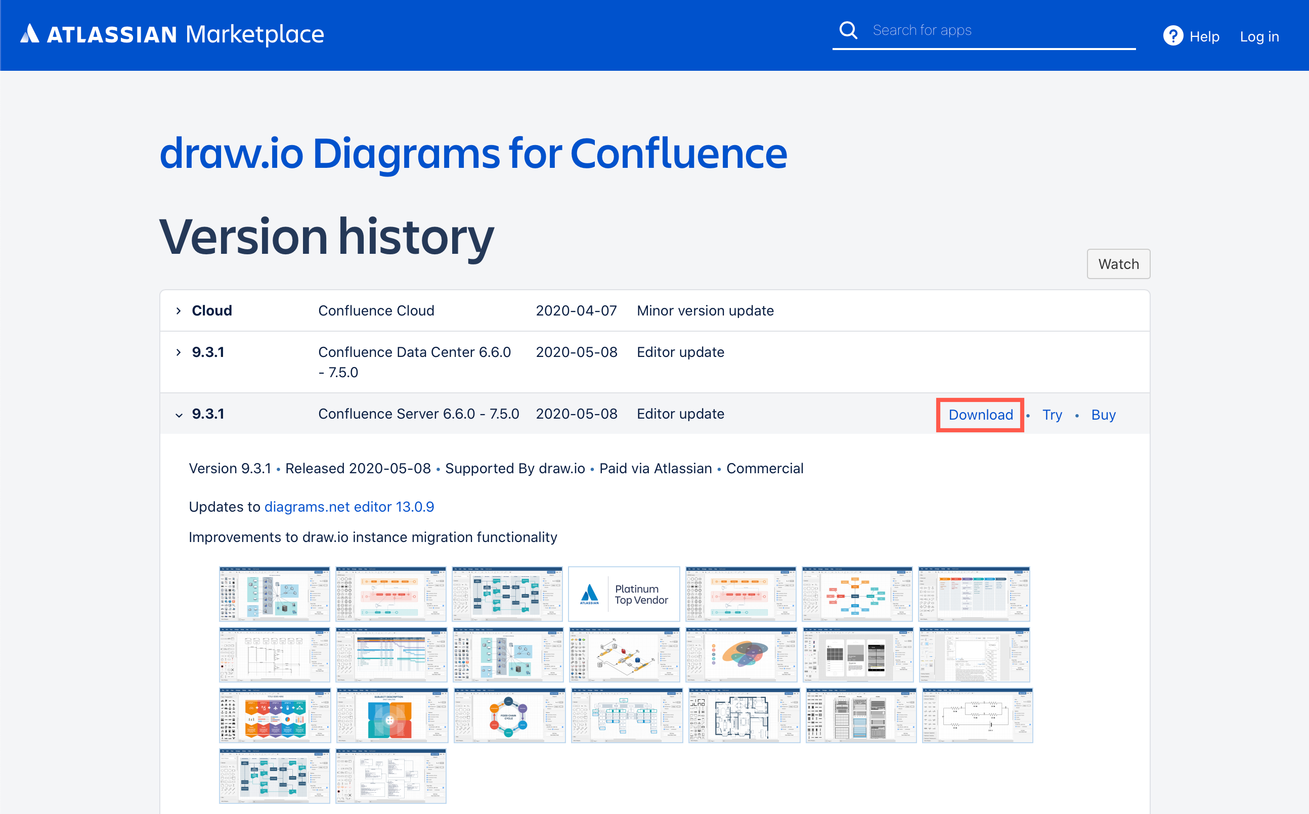 Download the version of the draw.io app that you want to install from the Atlassian Marketplace