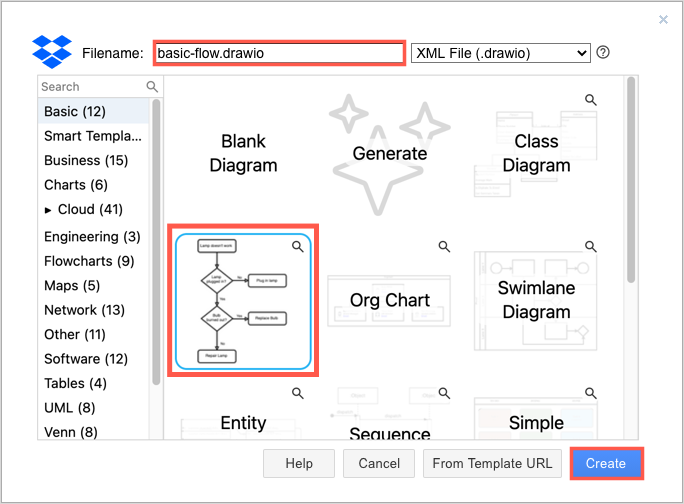 Create a new diagram or open an existing diagram file stored in Dropbox