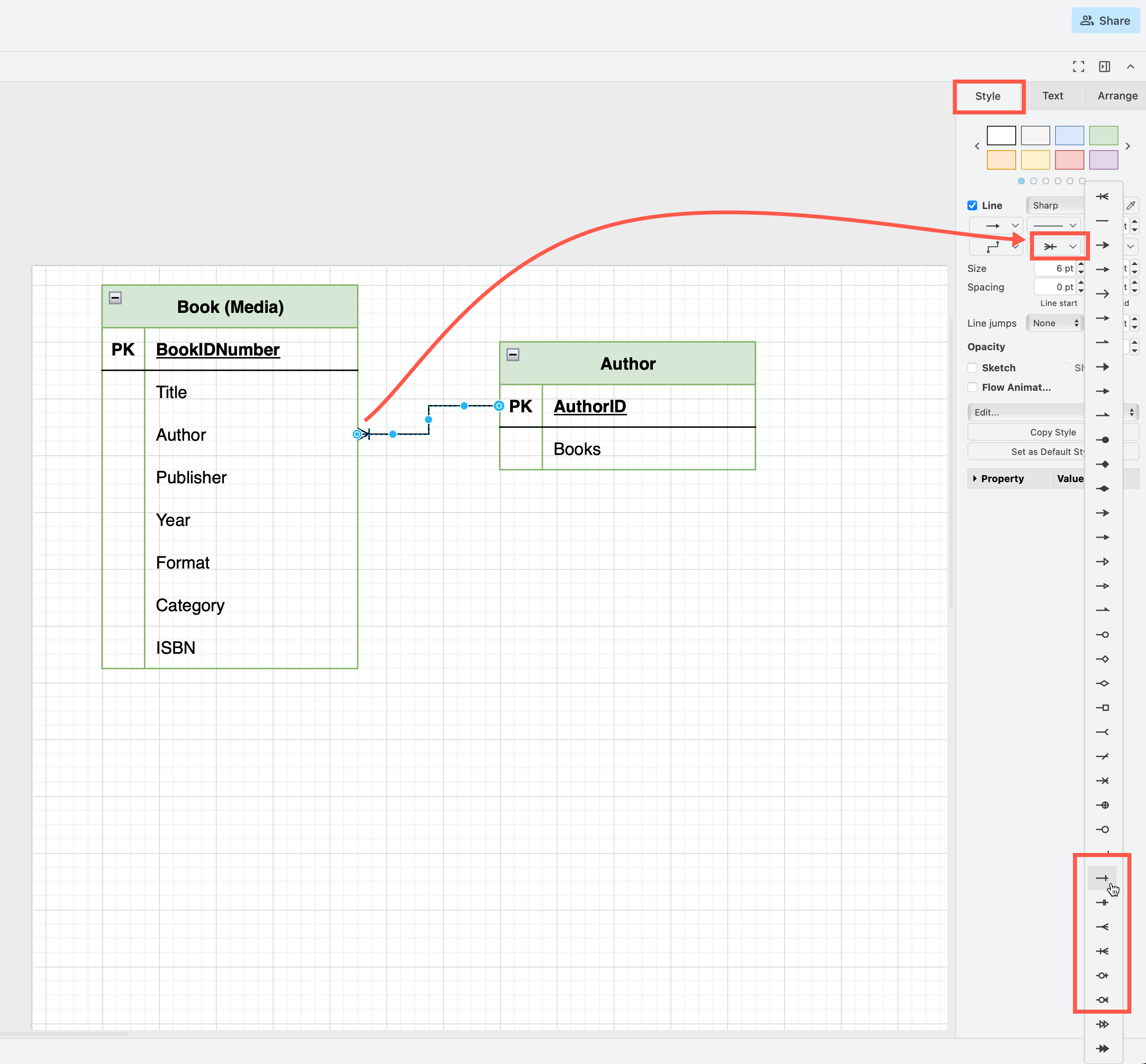 Change the connector ends to use crow's foot notation in the Style tab of the format panel