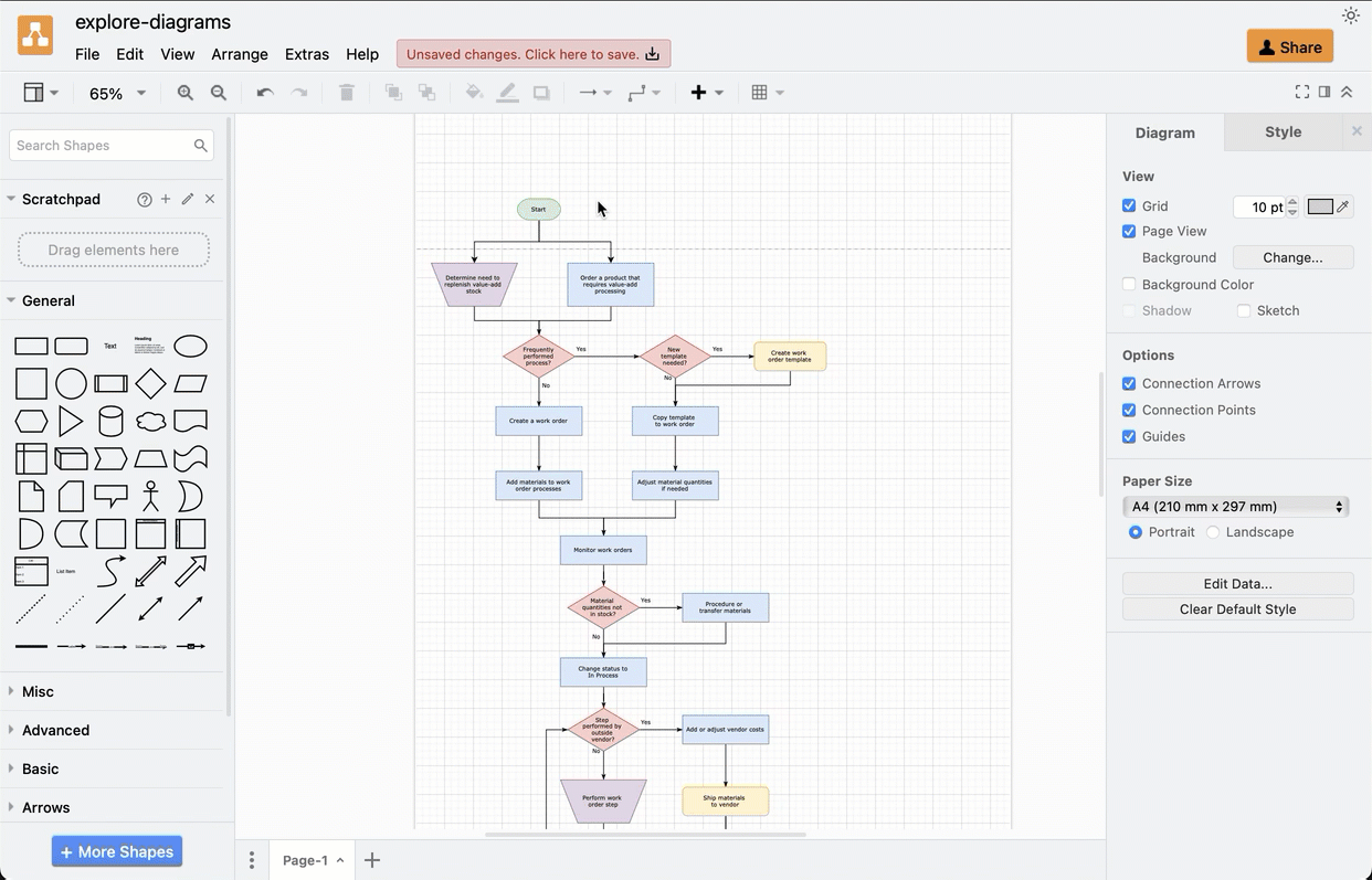 Step through a complex workflow with the Explore feature in draw.io to more easily ignore all the extra steps you don't need to take