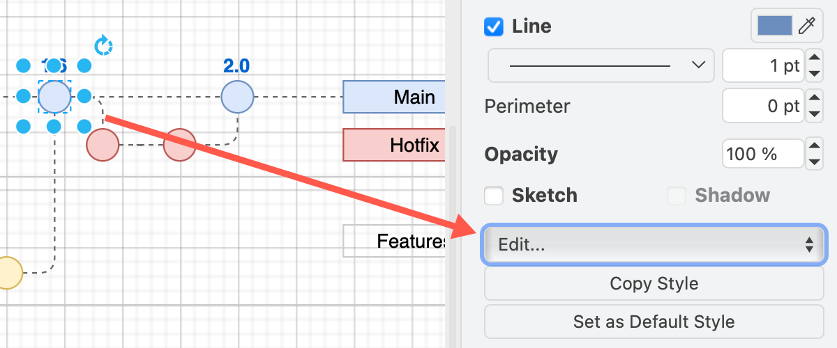 Add feature flags to a shape via Edit > Data in the Style panel in draw.io