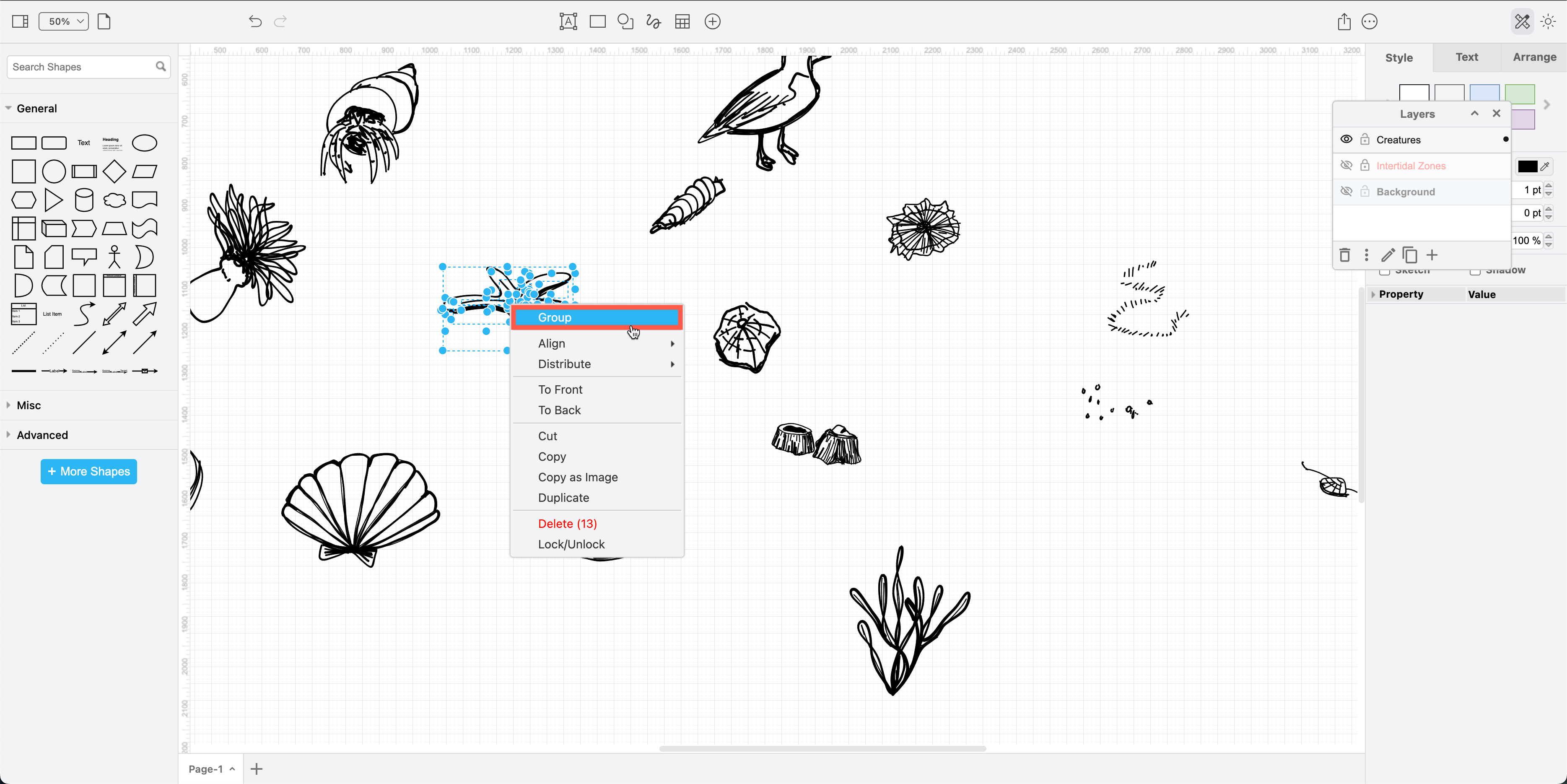 Group all of the lines you made when drawing a freehand shape to keep them together