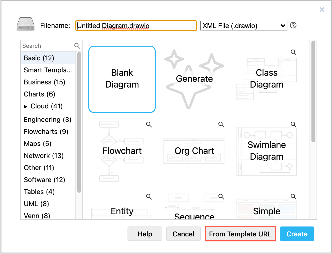 Create a new diagram from a template file using its URL
