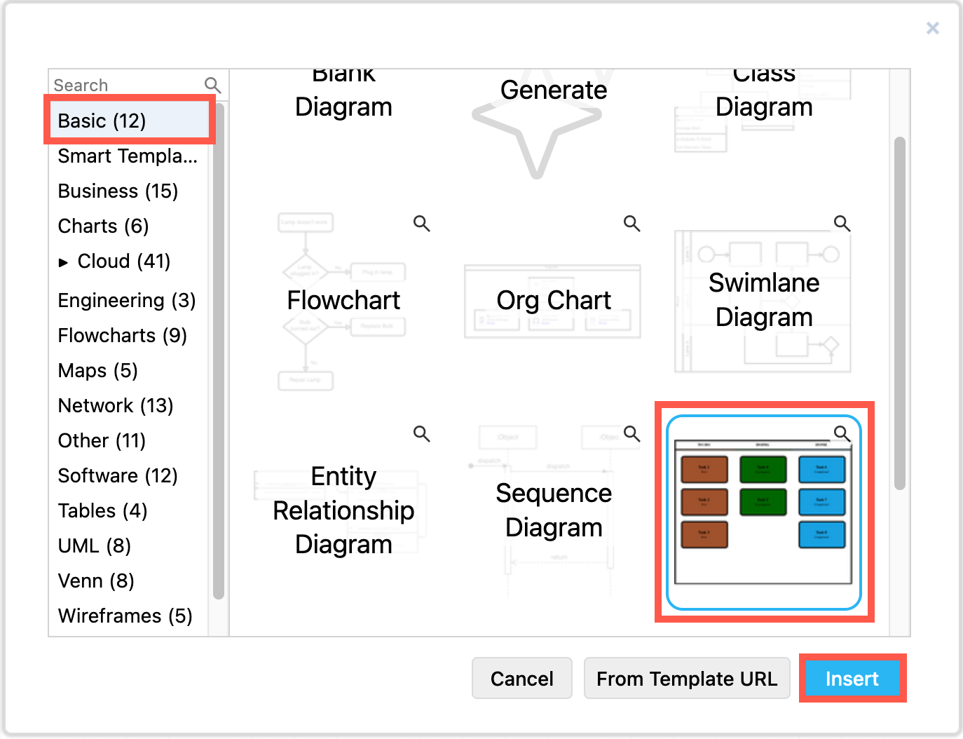 The kanban template in draw.io automatically updates colours and labels when you move tasks to another column