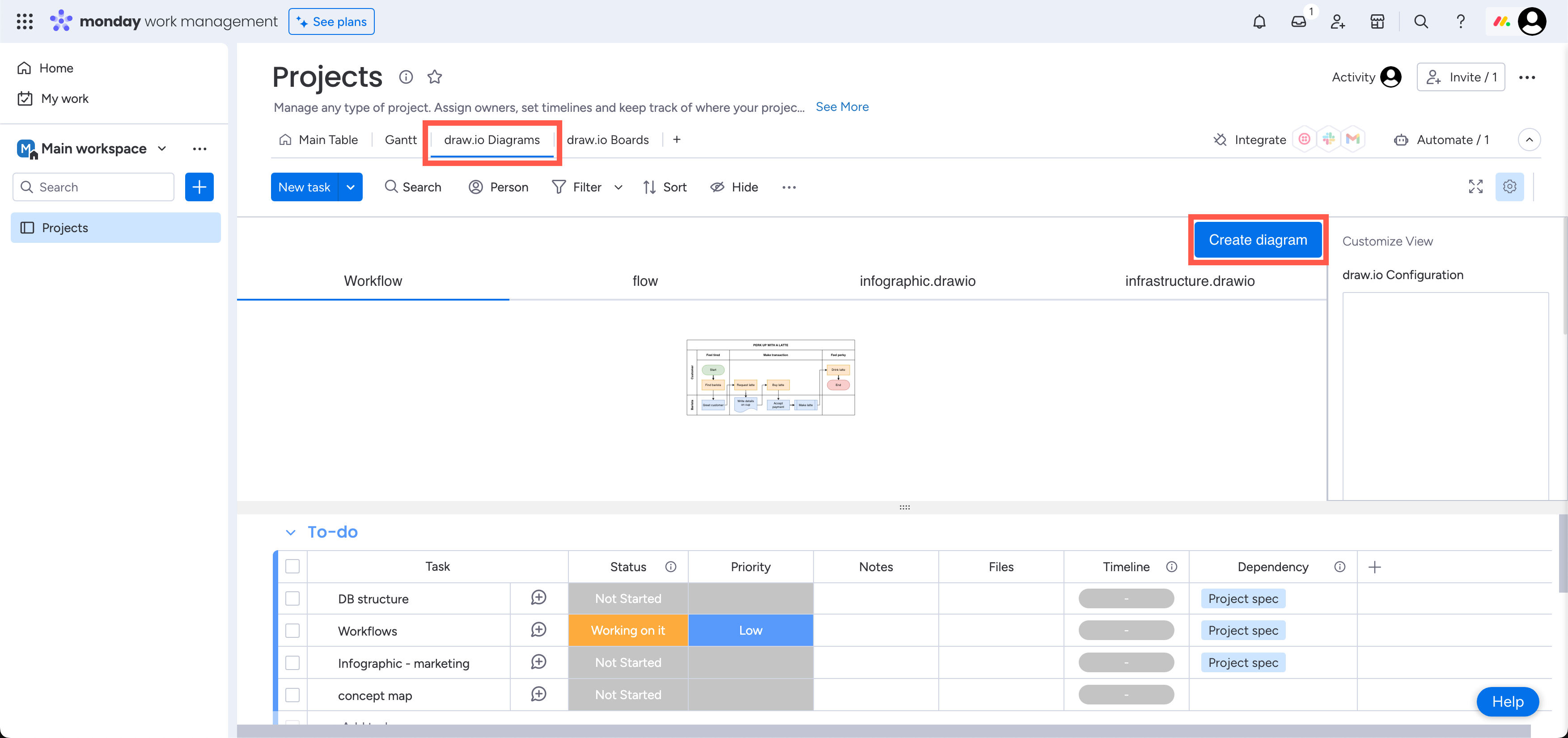 Add a new draw.io Diagram to your Monday Workspace