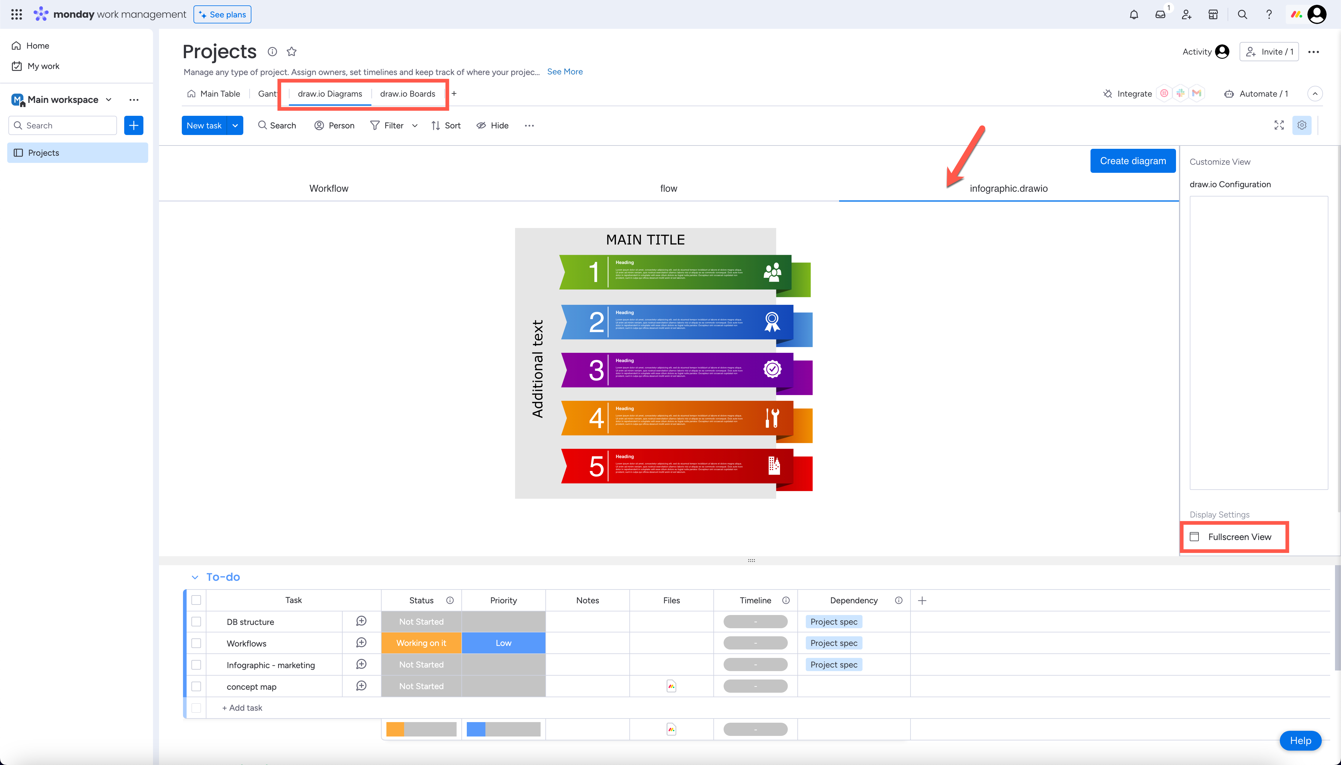 draw.io diagrams and boards are located in the tabs above your task list in Monday