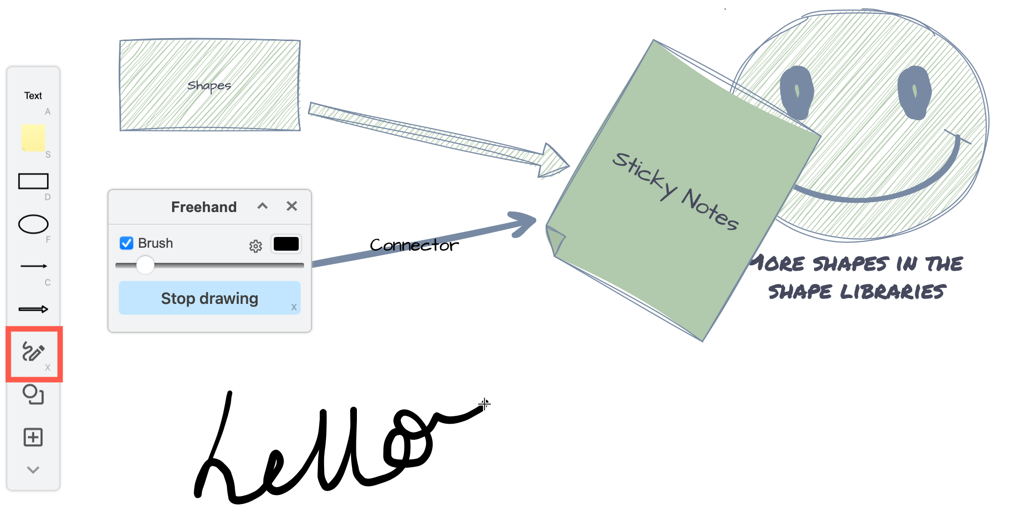 Draw a freehand shape in draw.io's online whiteboard editor theme