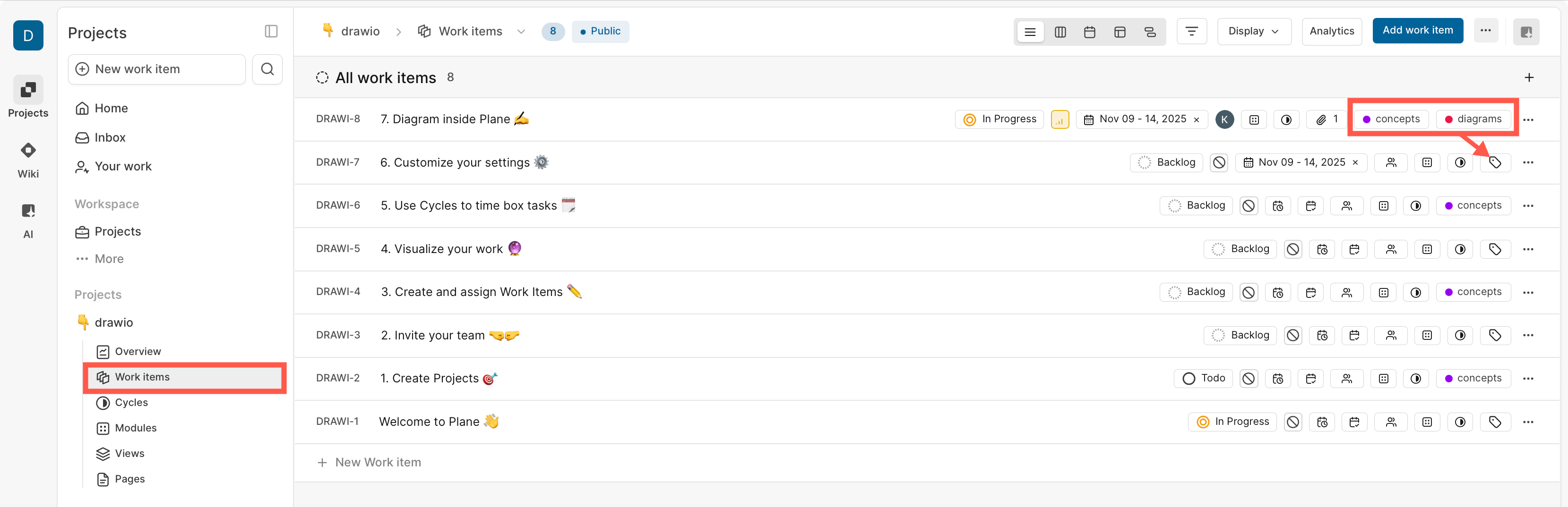 Label work items that require diagramming documentation (or that contain diagrams) to View only those work items