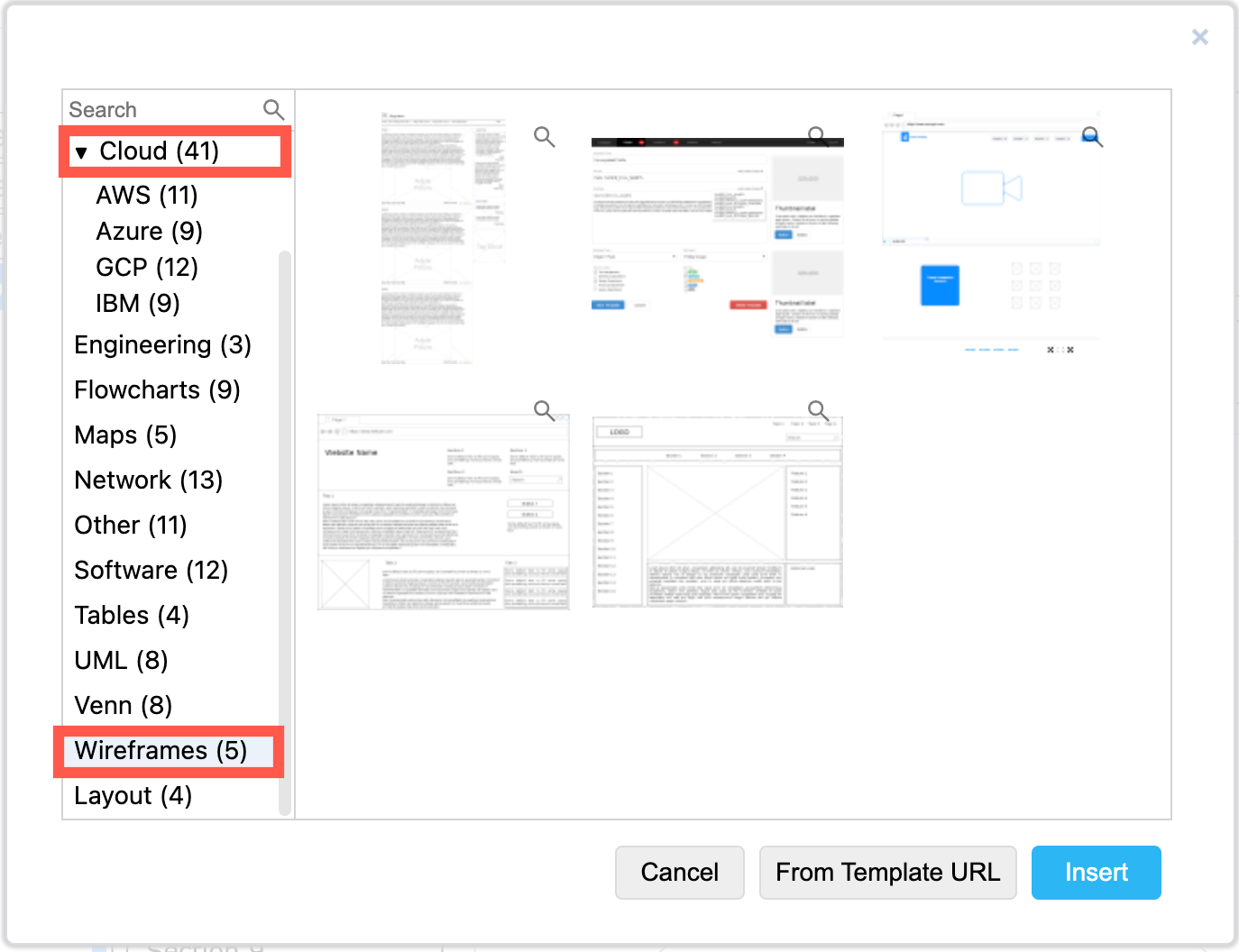 Add a template of an interface mock-up, infrastructure setup or another type of diagram to the drawing canvas