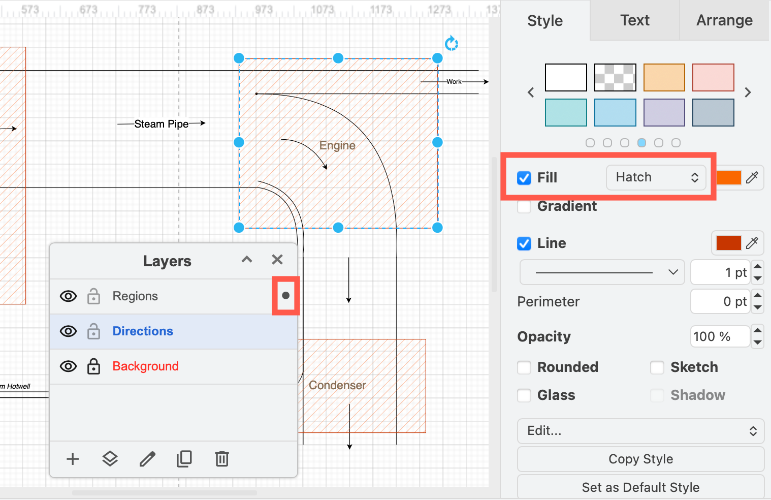 Use the hatch fill style on regions so the flows below can still be seen
