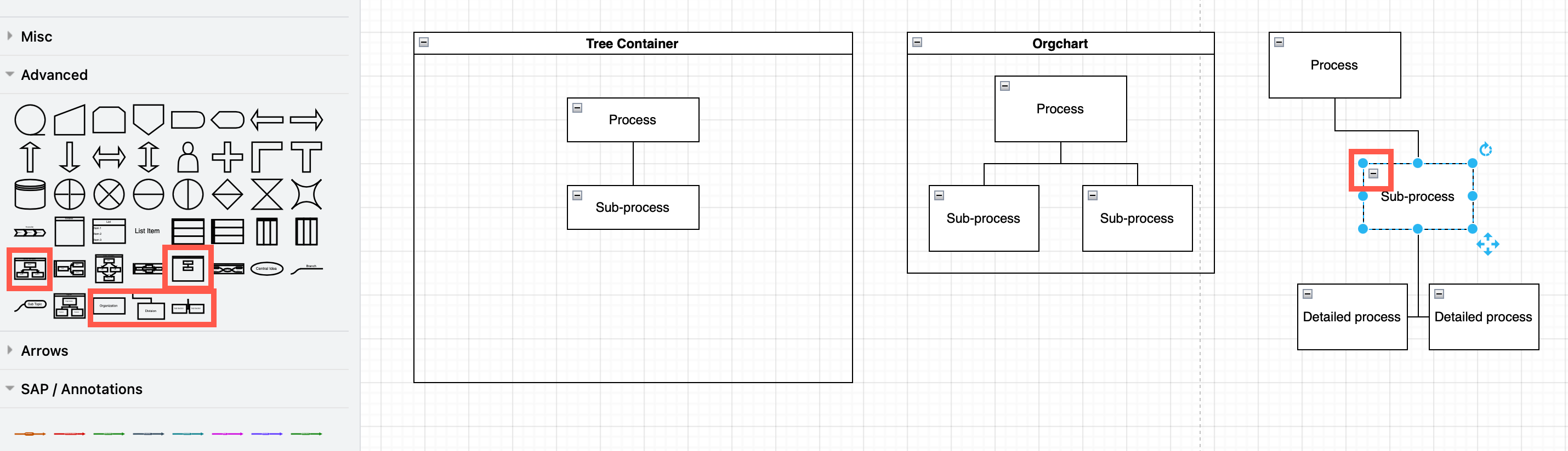 Use the collapsible tree shapes in the Advanced shape library to draw SAP process hierarchies