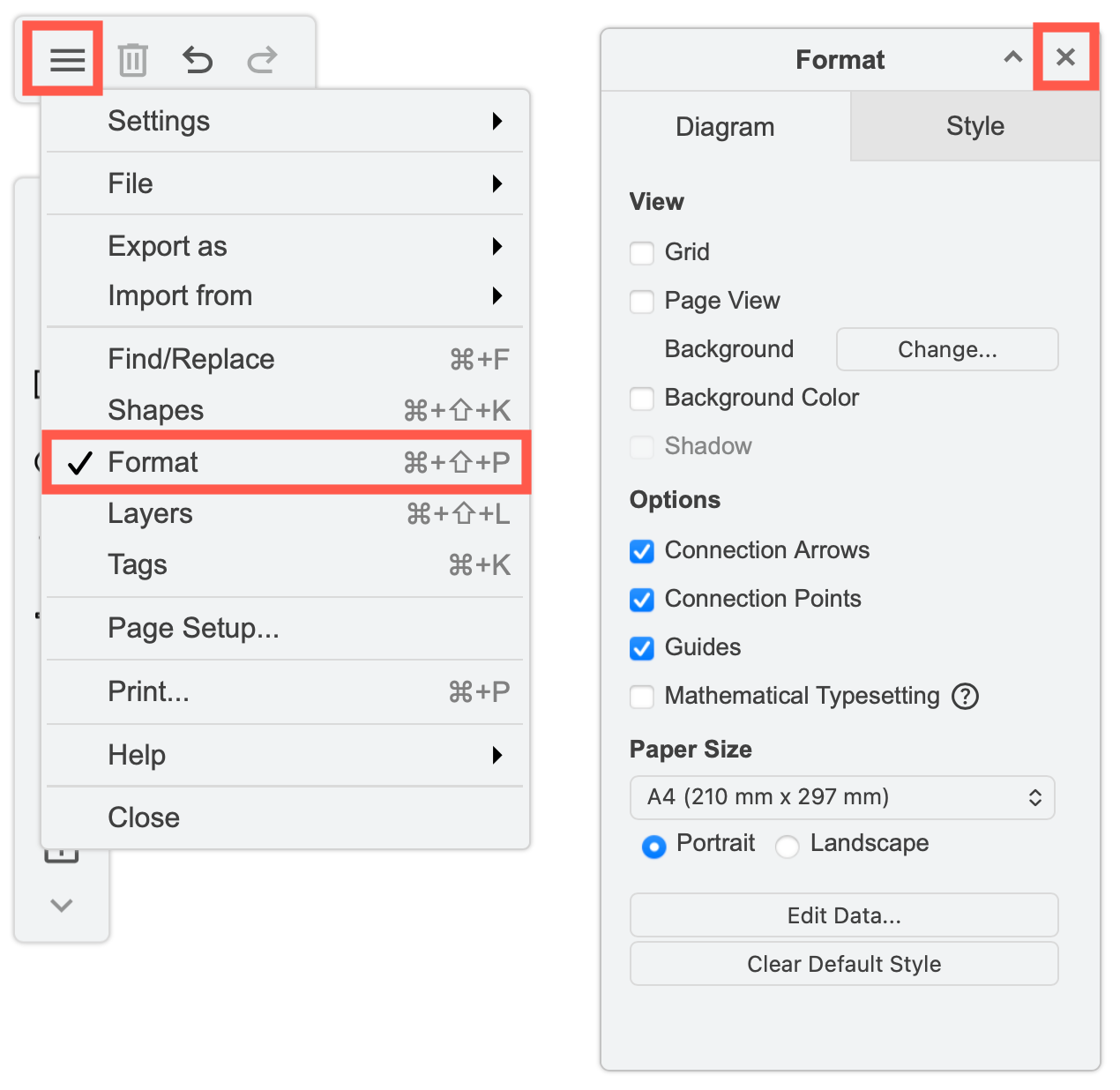 Open the format panel via the draw.io menu when using the Sketch editor theme