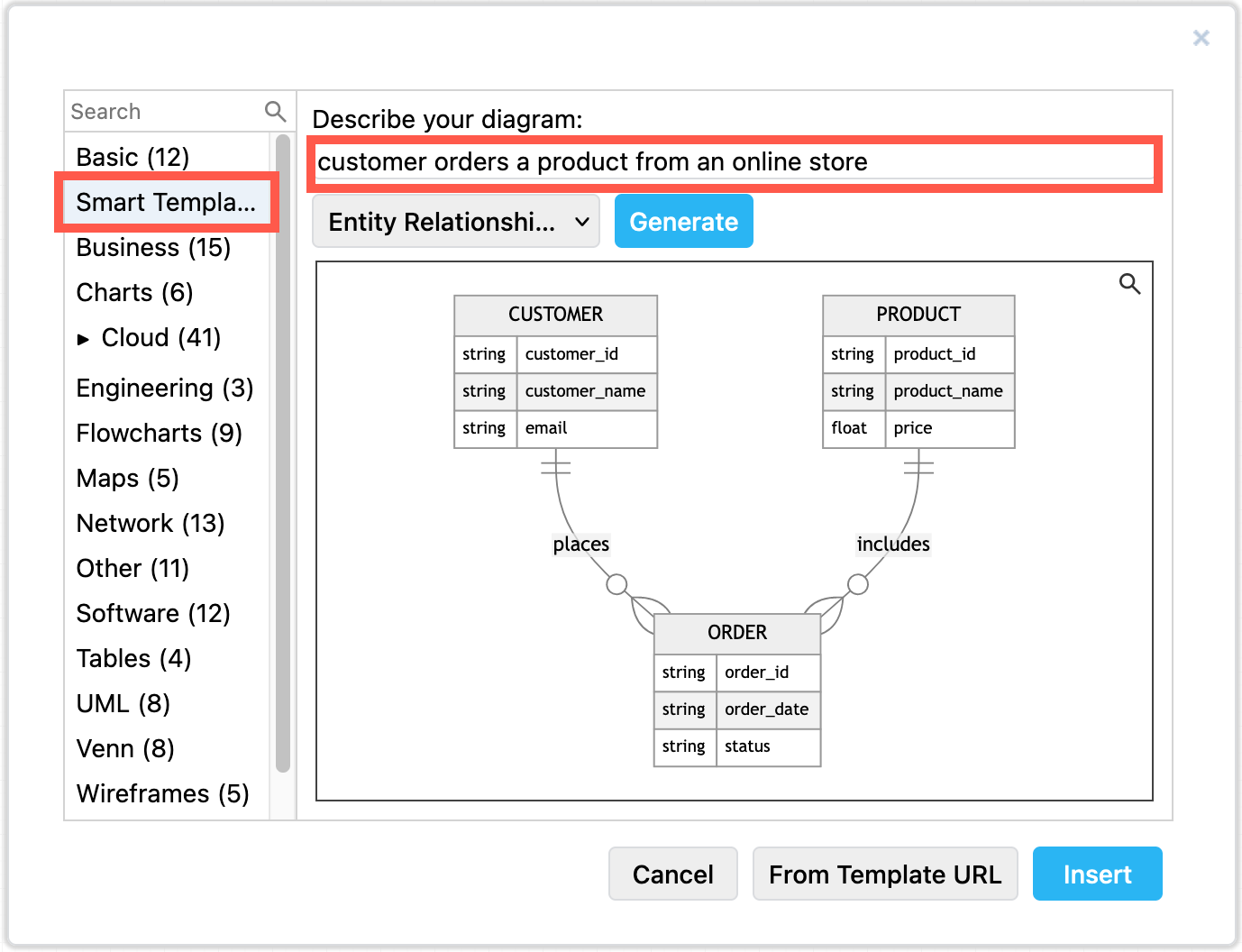 Generate a custom template from a text description in the Smart Templates section of the draw.io template manager