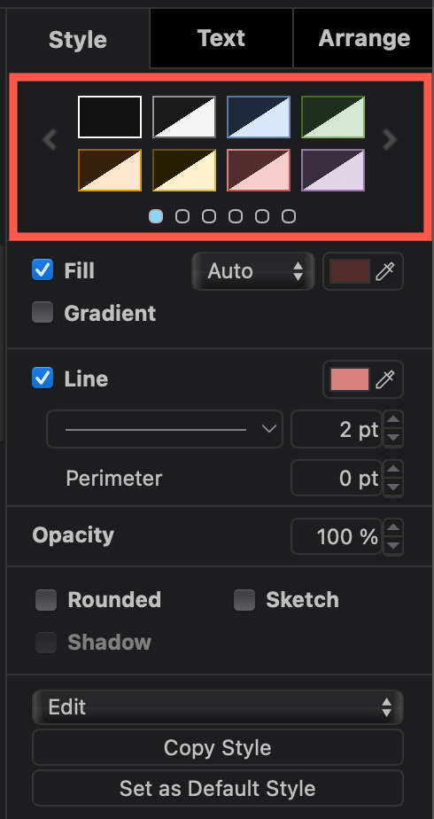 The default colour schemes in draw.io dark mode show values for both light and dark in the colour palette