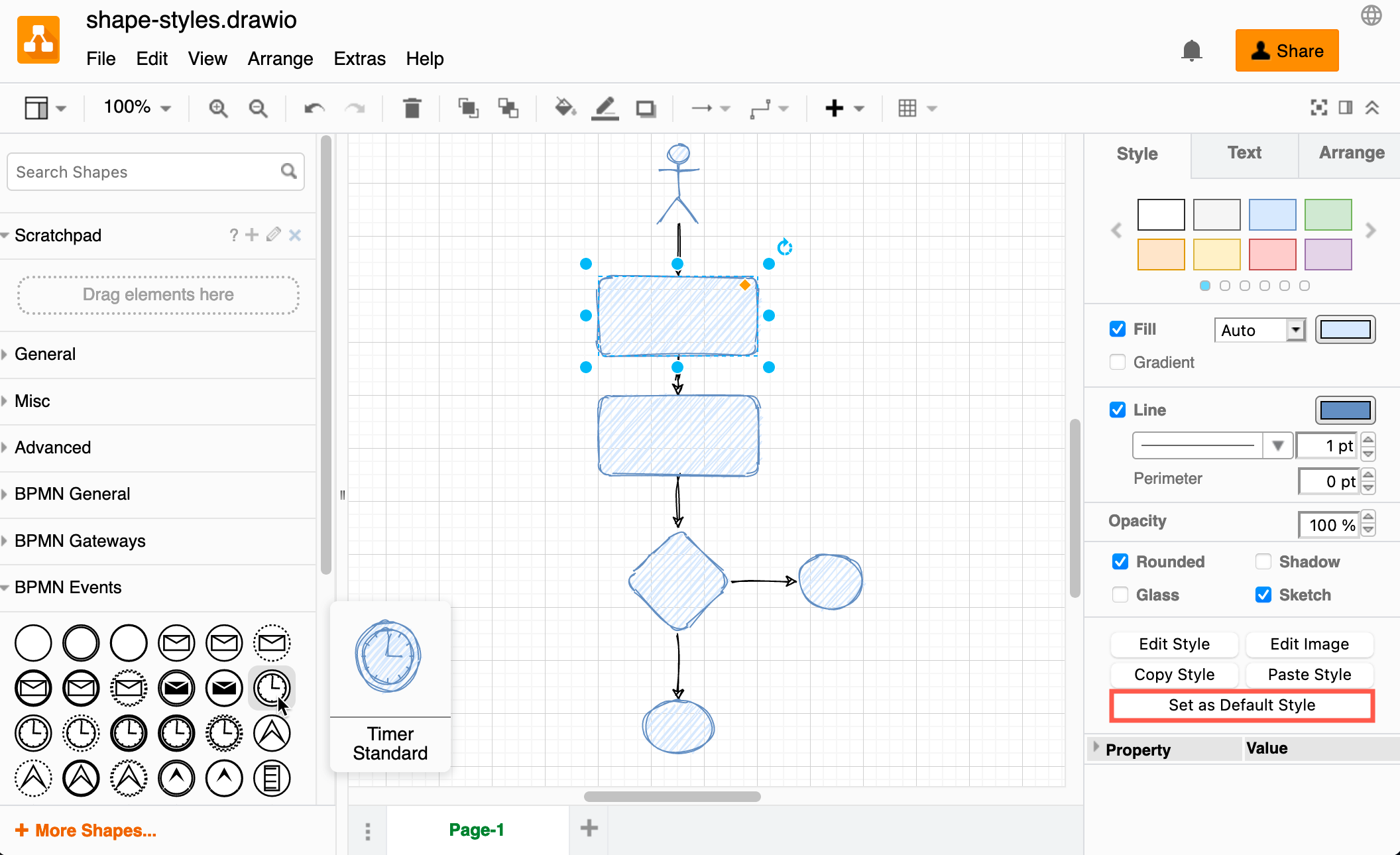 Set a new default style for all shapes in the Style tab of the format panel