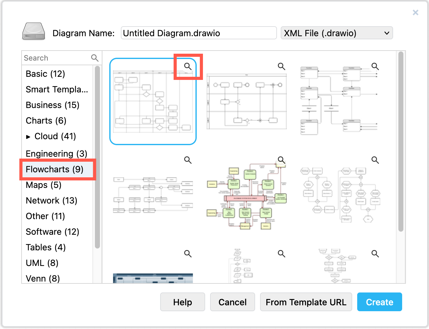 More complex flowcharts with swimlanes are found under the Flowchart category in the template library