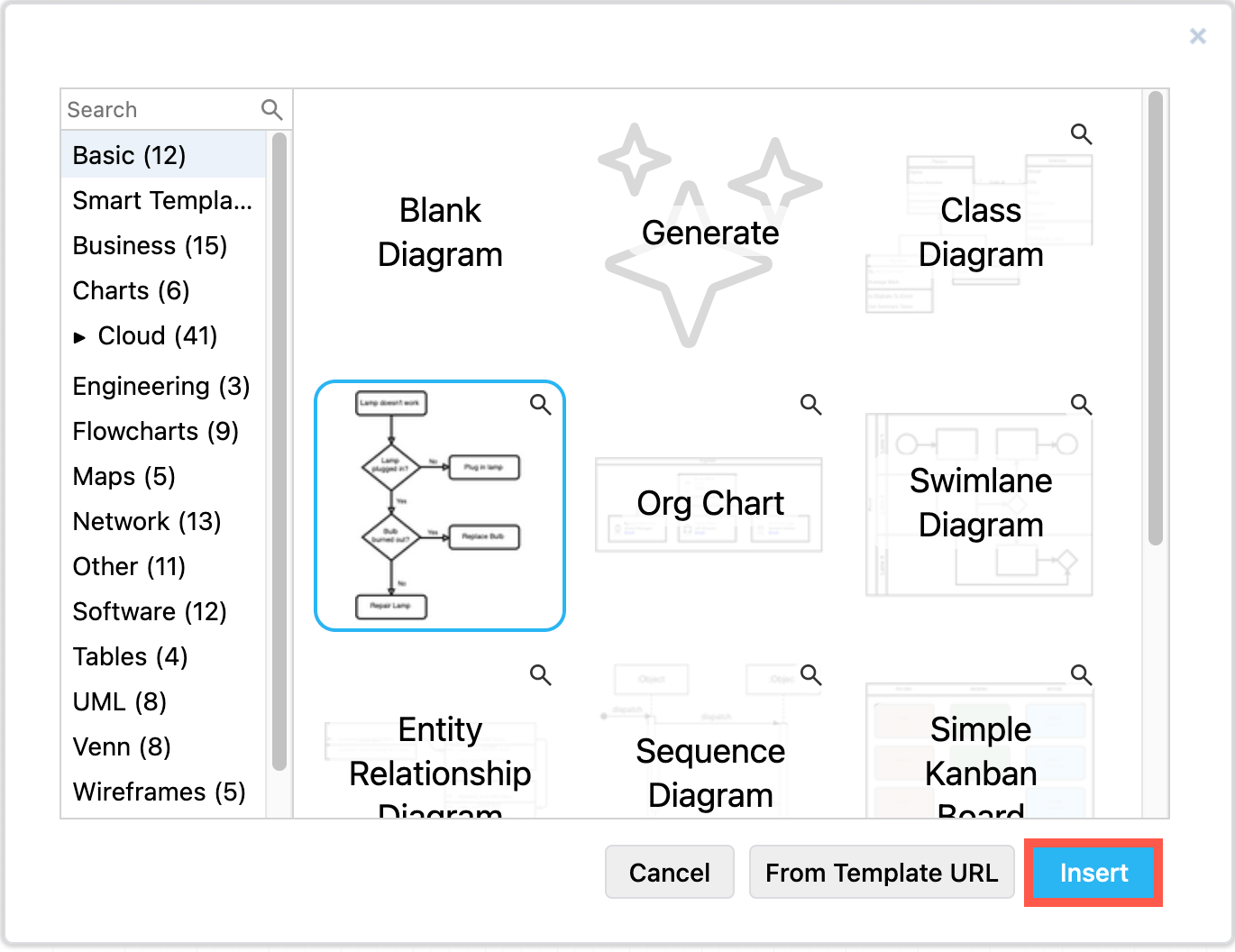 Select and insert a flowchart template or example in draw.io for Confluence