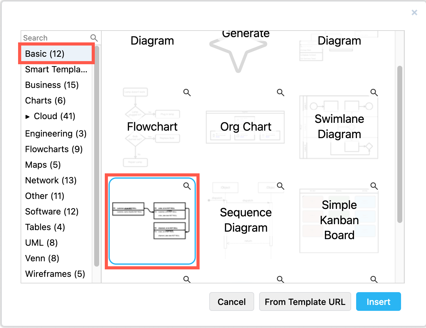 Select the basic Entity Relationship Diagram template in the draw.io template manager
