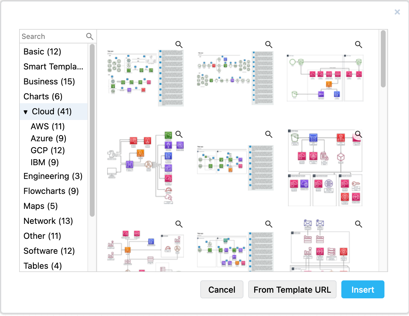 Open the template library dialog to see a wide range of diagram templates in draw.io