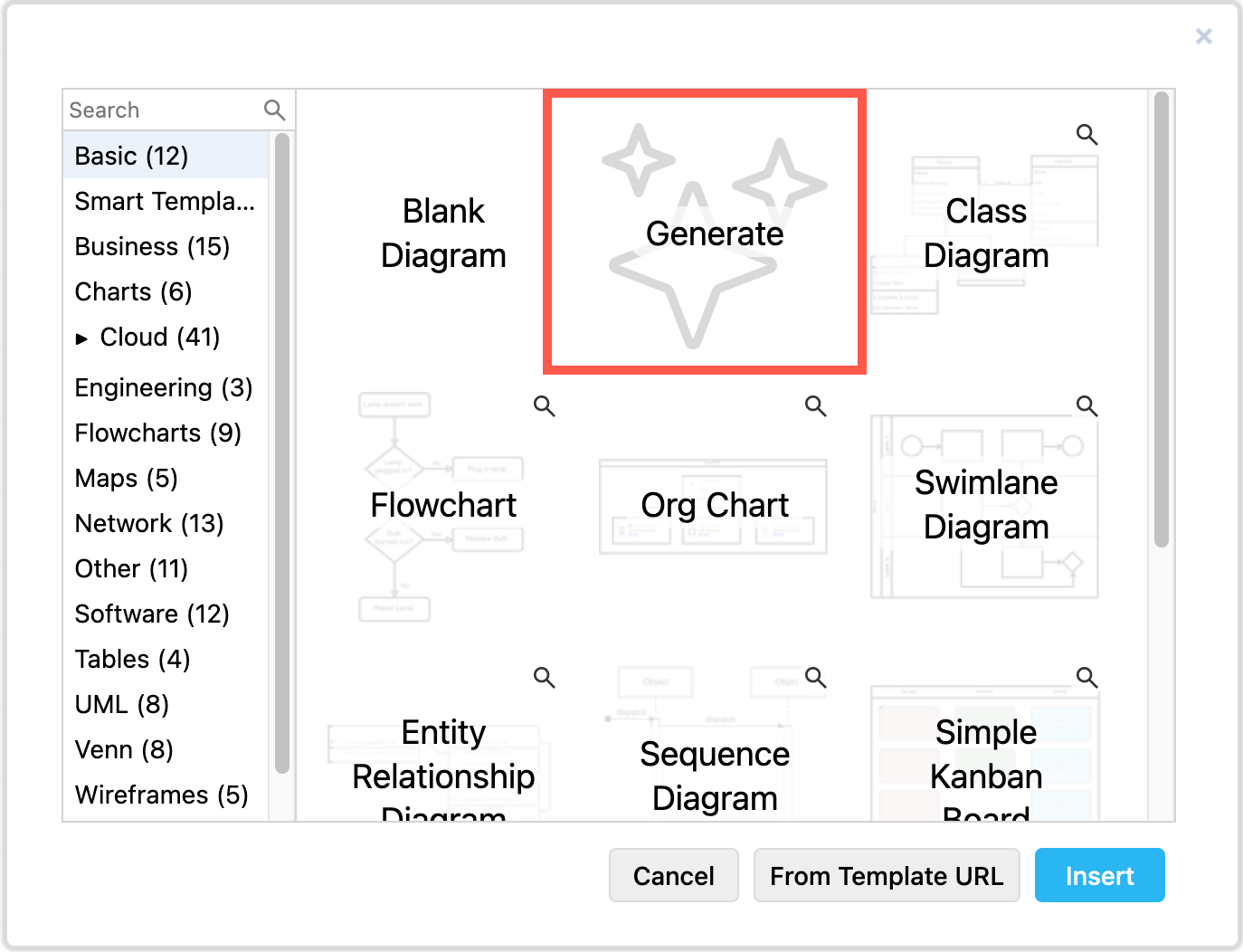 Click on Generate in the template library in draw.io and describe your diagram to generate a smart template