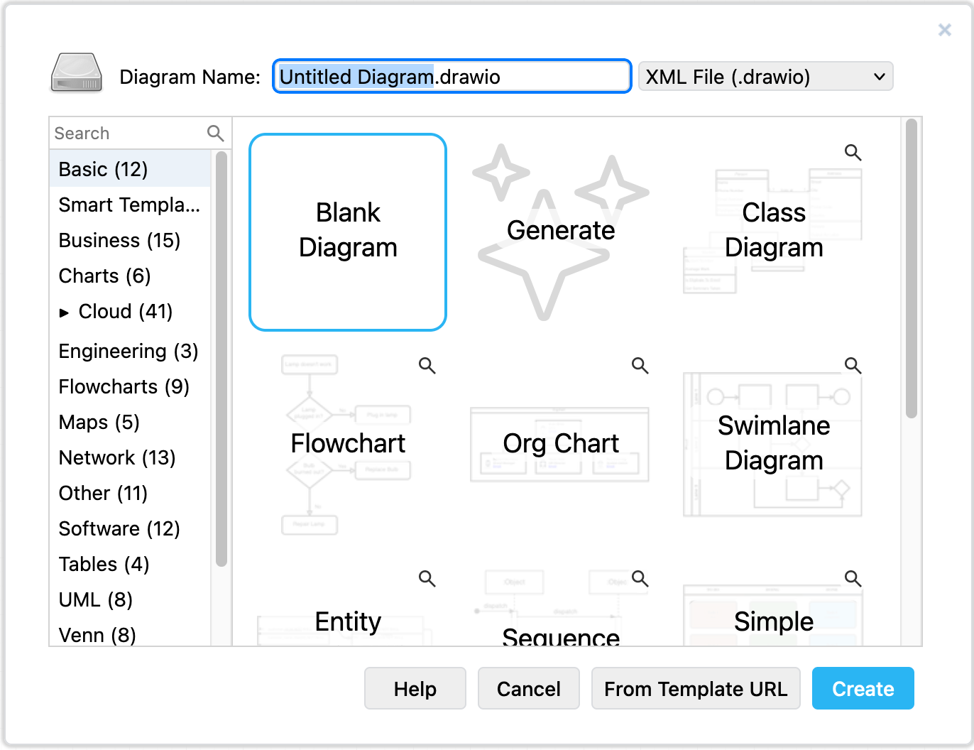 Choose a diagram template when you create a new diagram at draw.io