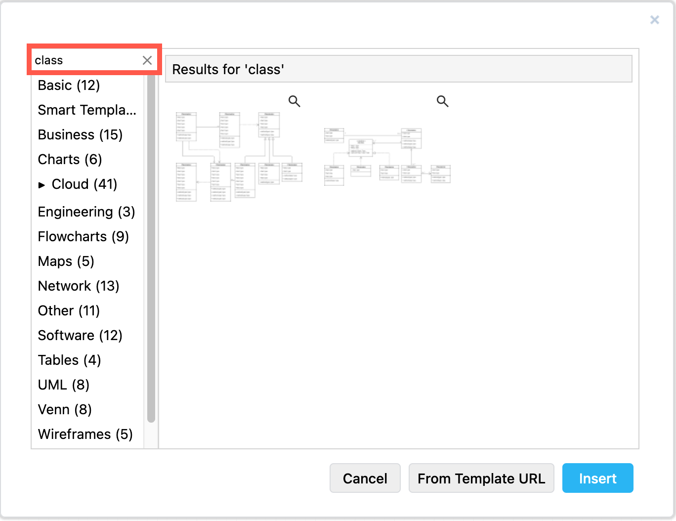 Enter a search term in the template library to find matching templates