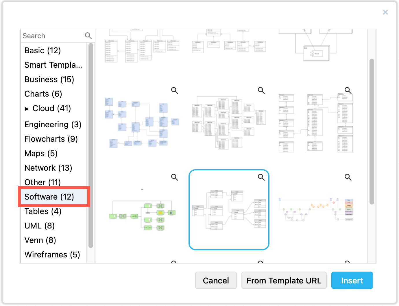 Select one of the many more complex entity relationship diagrams in the Software section of the draw.io template manager