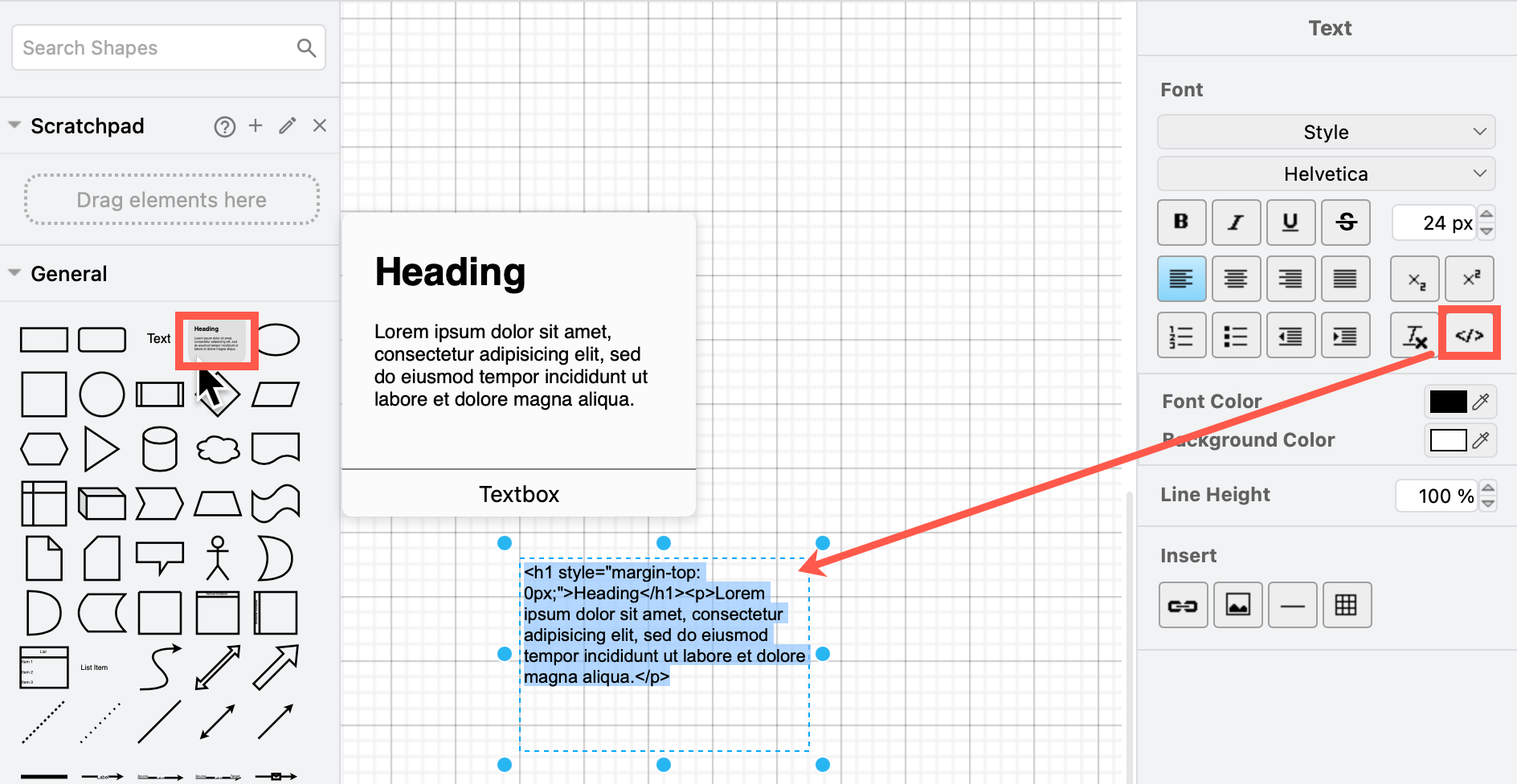 The Textbox shape in draw.io is formatted with HTML tags