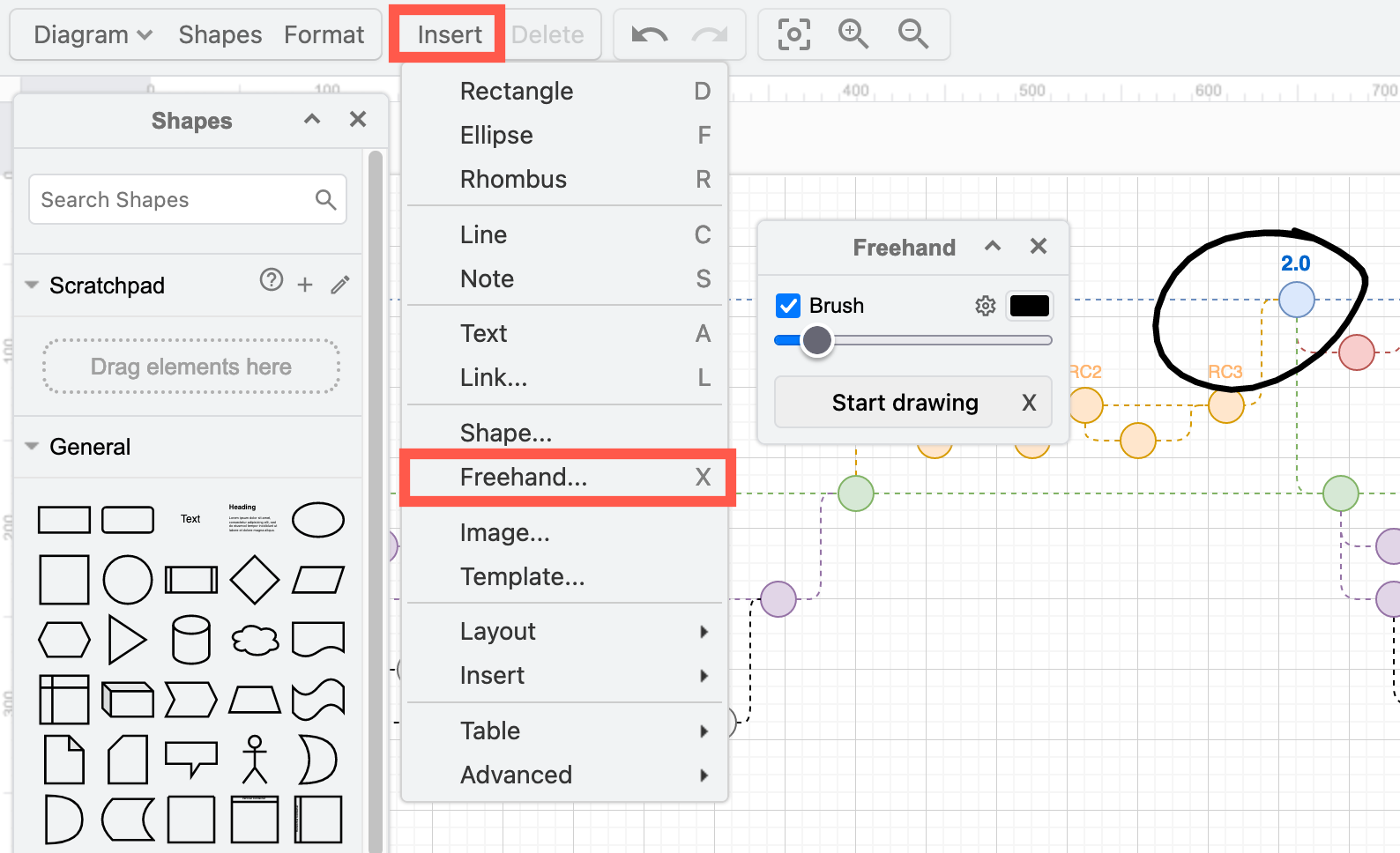 Click on Insert > Freehand to open the freehand drawing tool using the Minimal editor theme in draw.io