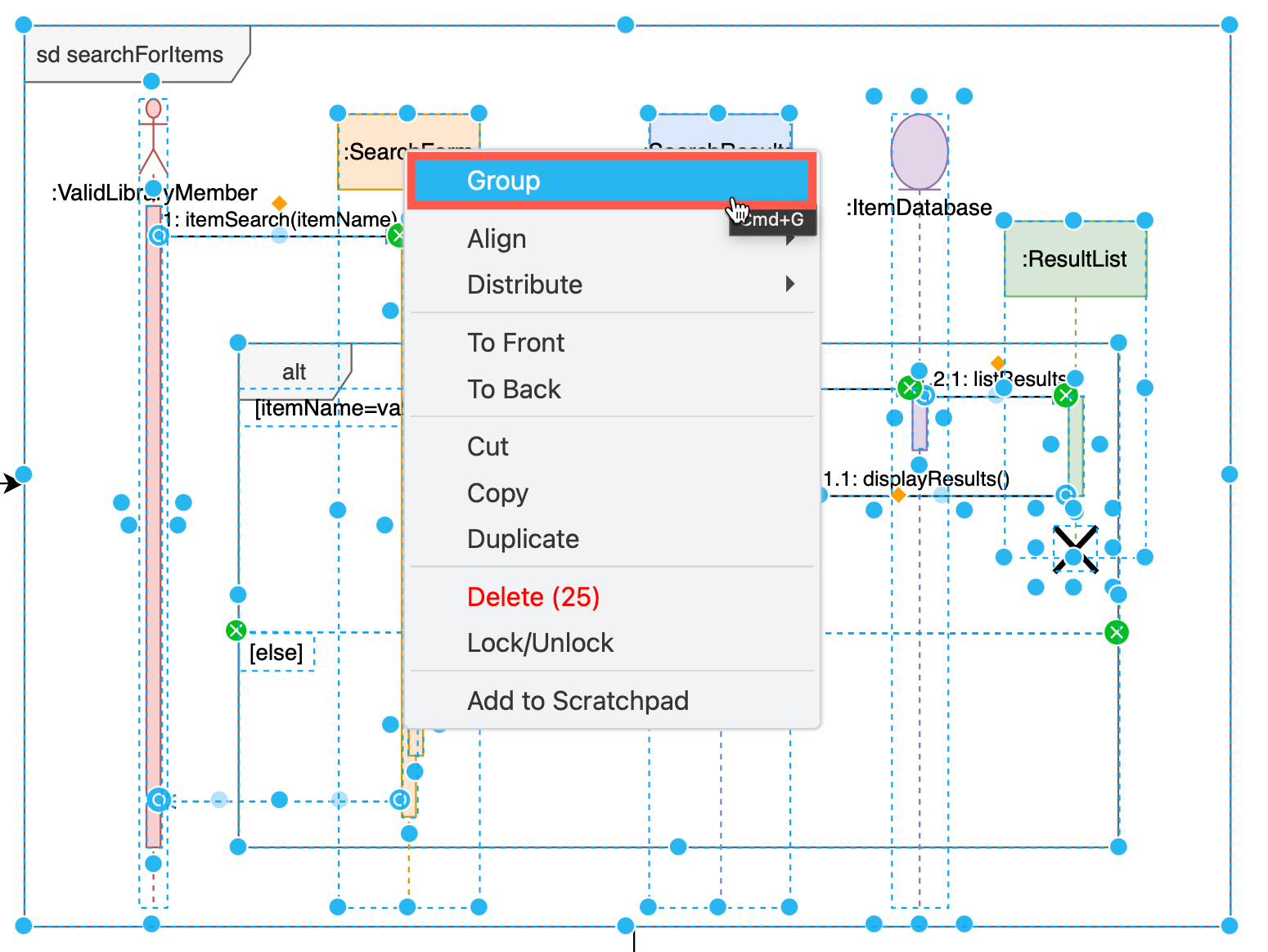 Group the embedded sequence and activity diagrams together with their frame so you can more easily move it around the diagram canvas