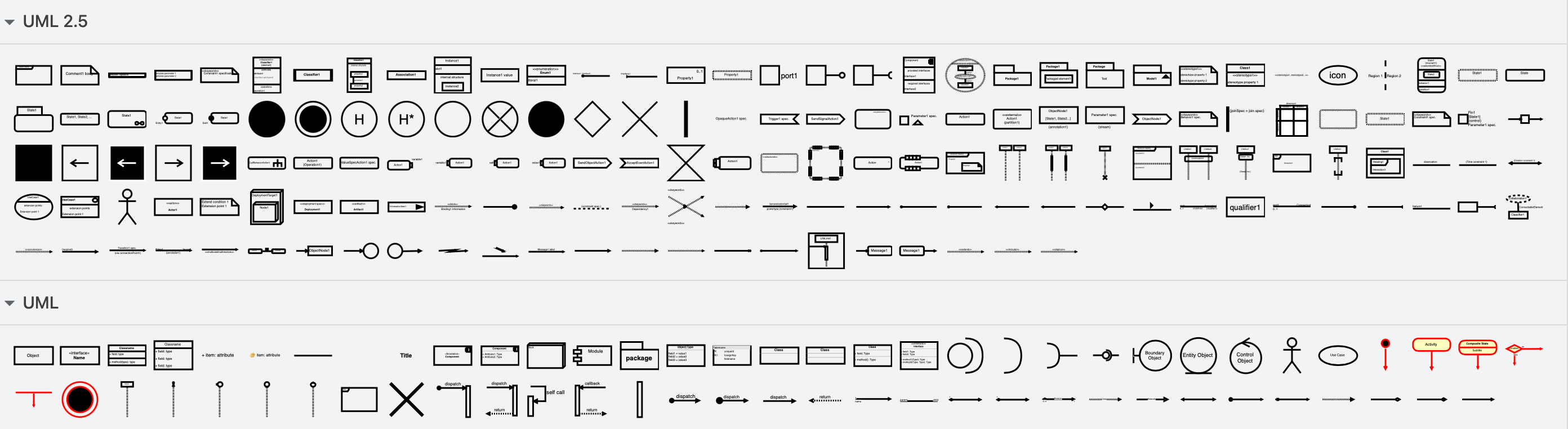 The UML and UML2.5 shape libraries in draw.io let you draw all types of UML diagrams